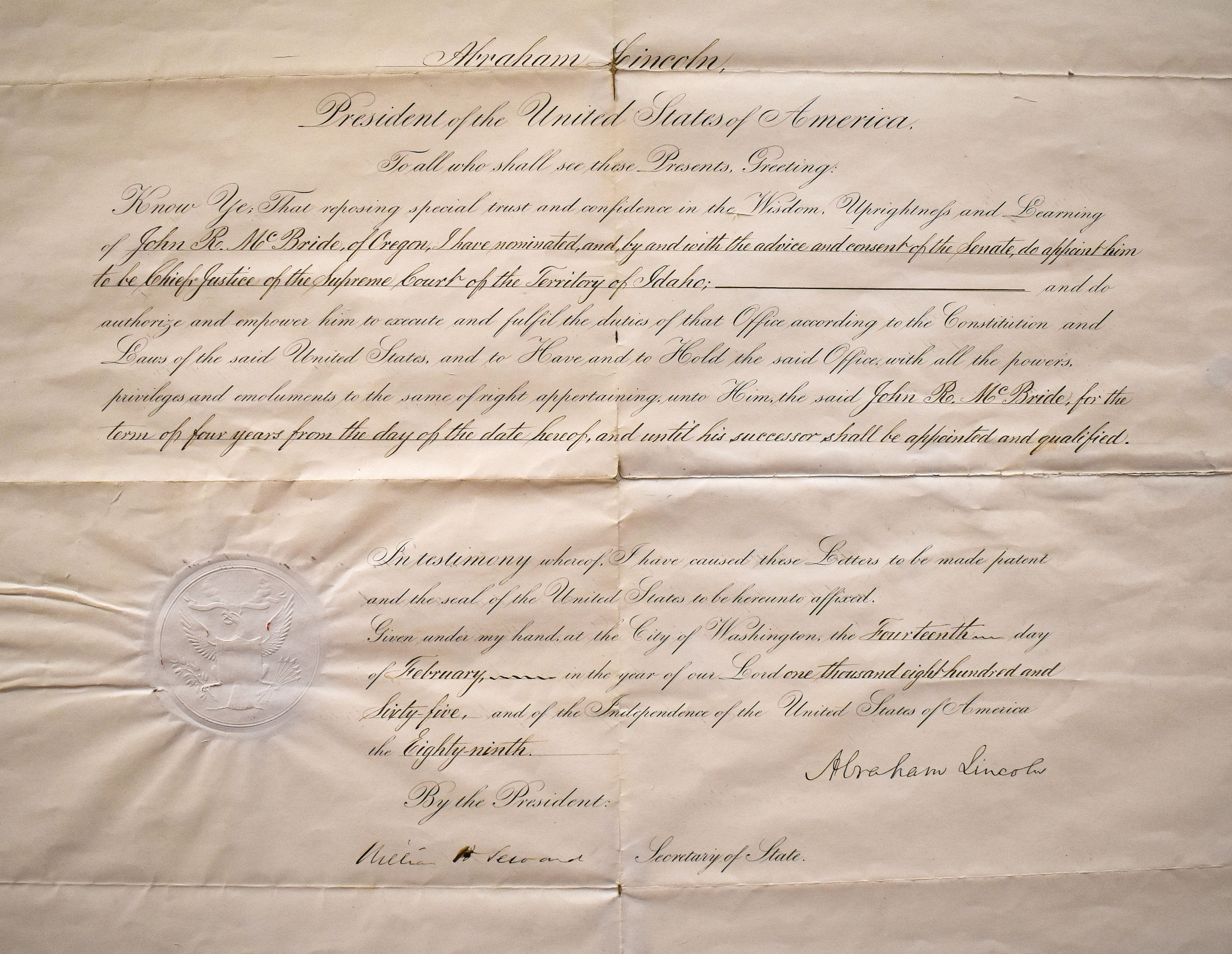Document signed by President Abraham Lincoln appointing John McBride as chief justice of the Idaho Territorial Supreme Court